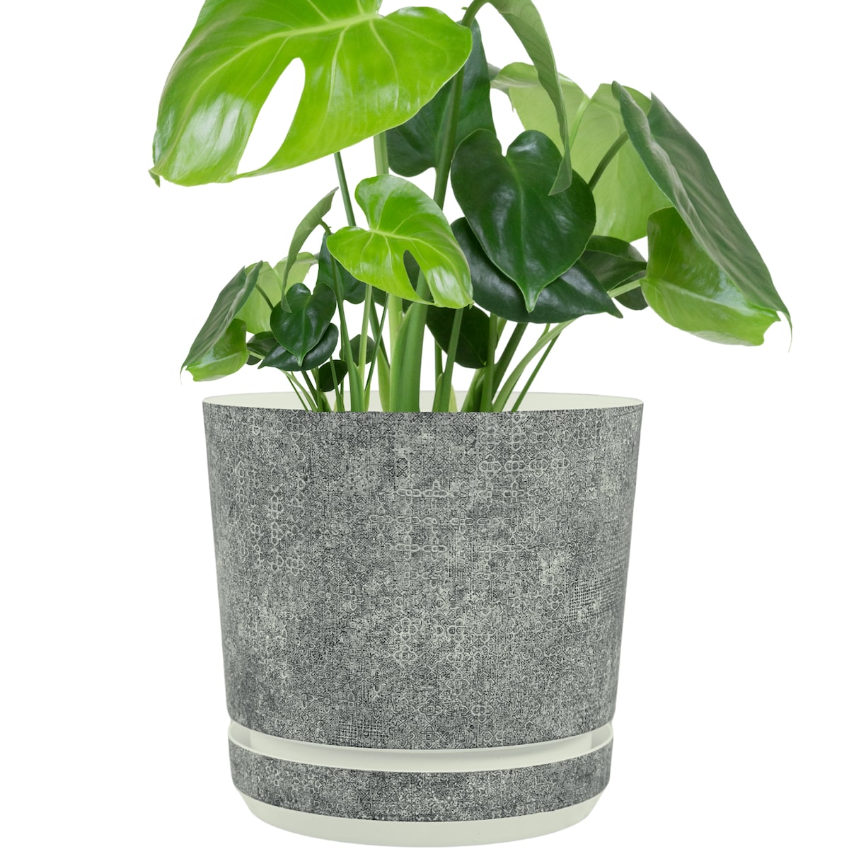 21 cm wzór Szary gres TRIBECA 013 Doniczka z podstawką matowa donica z połyskującym srebrnym wzorem