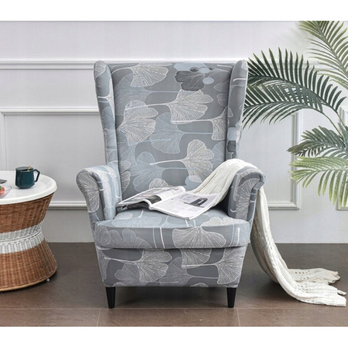 POKROWIEC NA FOTEL USZAK SZARY LIŚCIE WZORY ELASTYCZNY [22EW8]