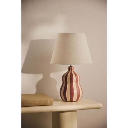 Lampa stołowa Jolira ceramiczno-lniana 40 cm, paski bordowe