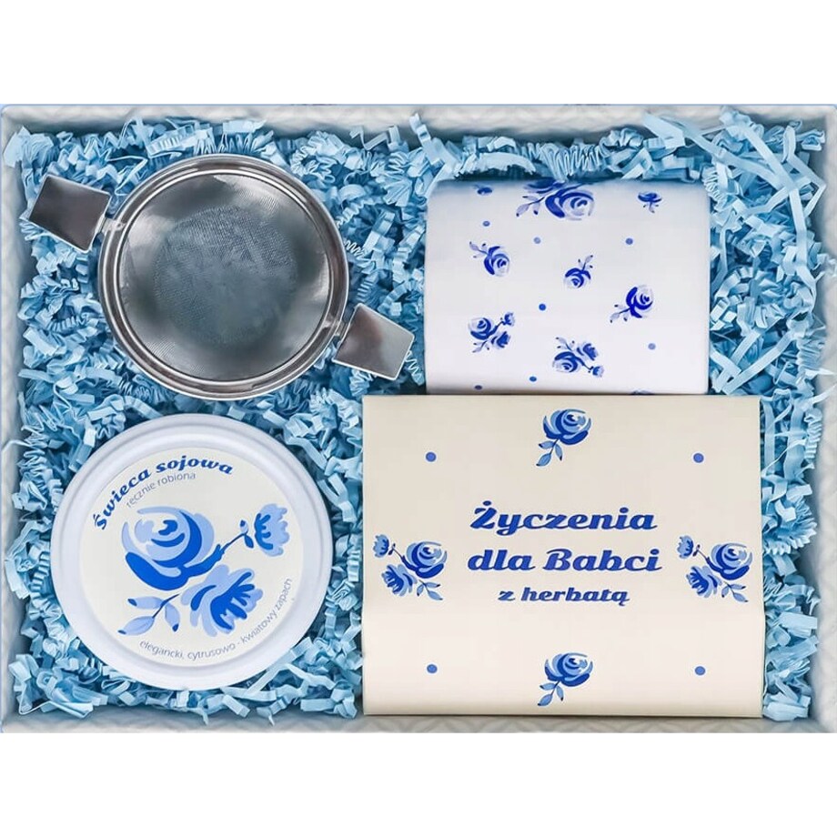 ZESTAW PREZENTOWY DLA BABCI KUBEK MIX 5 RÓŻNYCH HERBAT ZAPARZACZ ŚWIECA SOJOWA ZAPACHOWA - PREZENT UPOMINEK NA DZIEŃ BABCI 60 70 80 90 100 URODZINY
