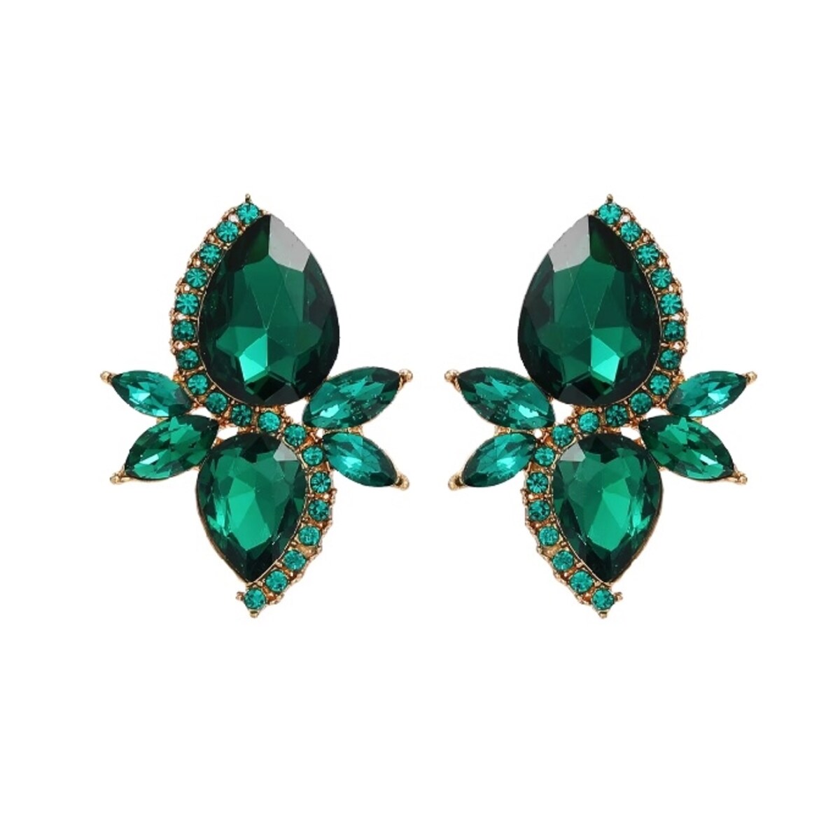 ŚREDNIE kolczyki zielone szmaragdowe łezki złote krople na sztyft do ucha