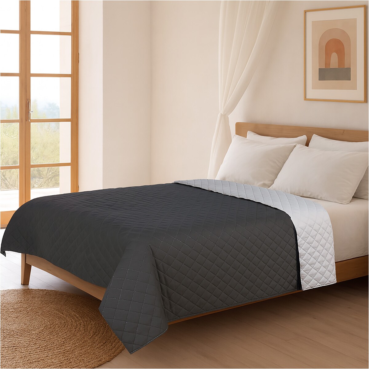 Narzuta Na Łóżko Kanapę Na Plażę Pikowana 200X220 Cm Szaro-Czarna