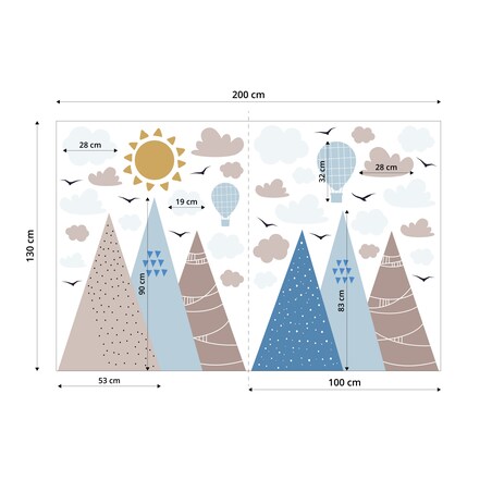 NAKLEJKI NA ŚCIANĘ DLA DZIECI GÓRY STYL BOHO BALONY PTAKI CHMURY ZESTAW