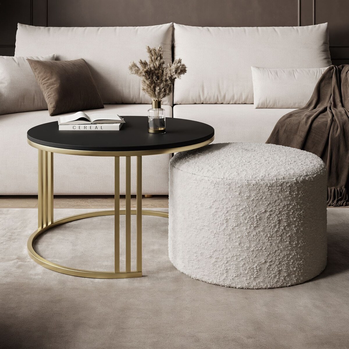 Stolik kawowy z pufą LORI MAT złoto szczotkowane, czarny mat / Coral 65