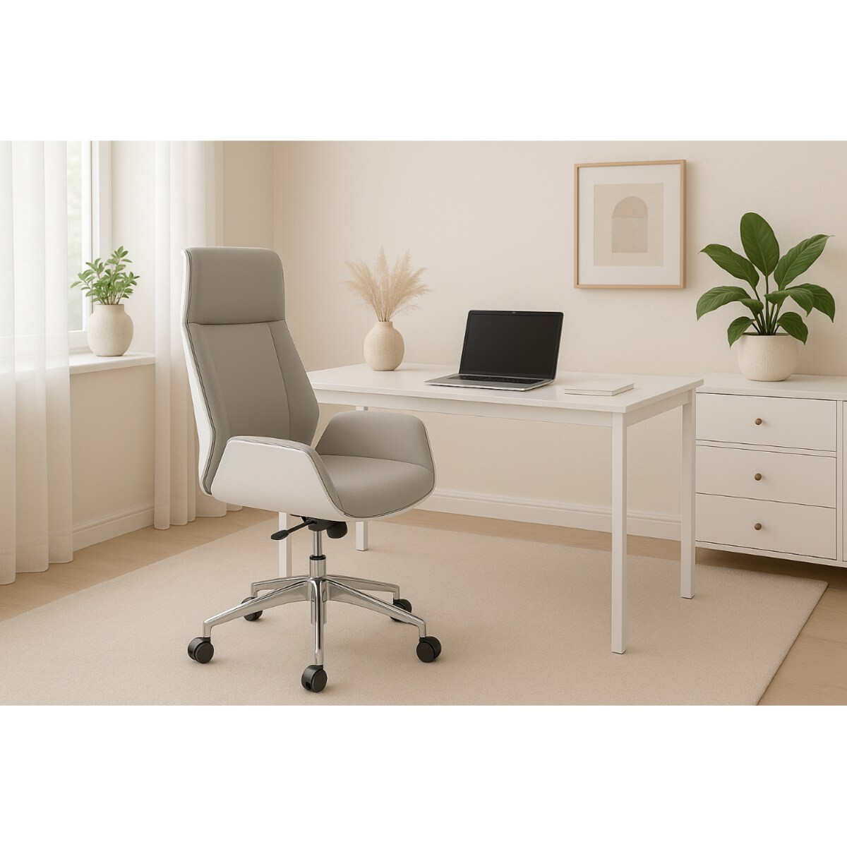 Fotel obrotowy biurowy biało szary srebrna noga Luxury Premium