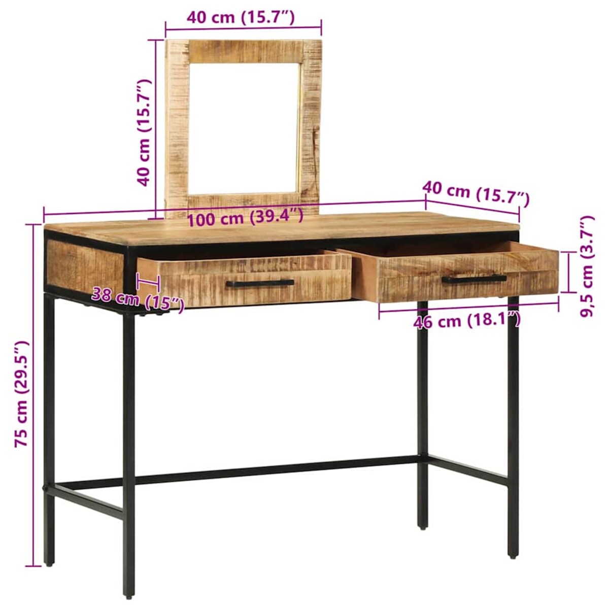 vidaXL Toaletka z szufladą Brązowy 100 x 40 x 120 cm Lite drewno mango