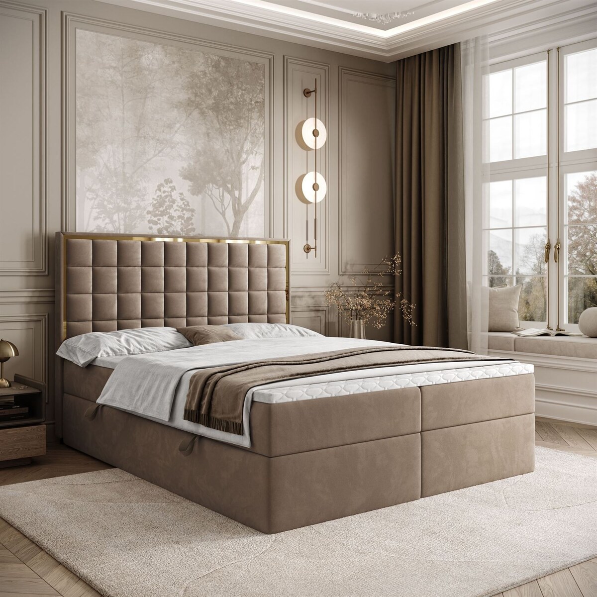 Łóżko kontynentalne ISADORA GOLD, pojemnik na pościel, 180x200, RV 176, topper