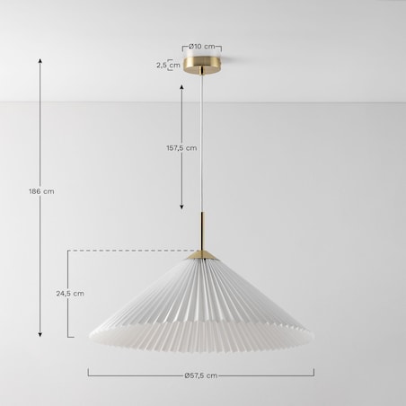 Lampa wisząca ze złotego metalu i tkaniny, biała Plisse Ø57,5 cm