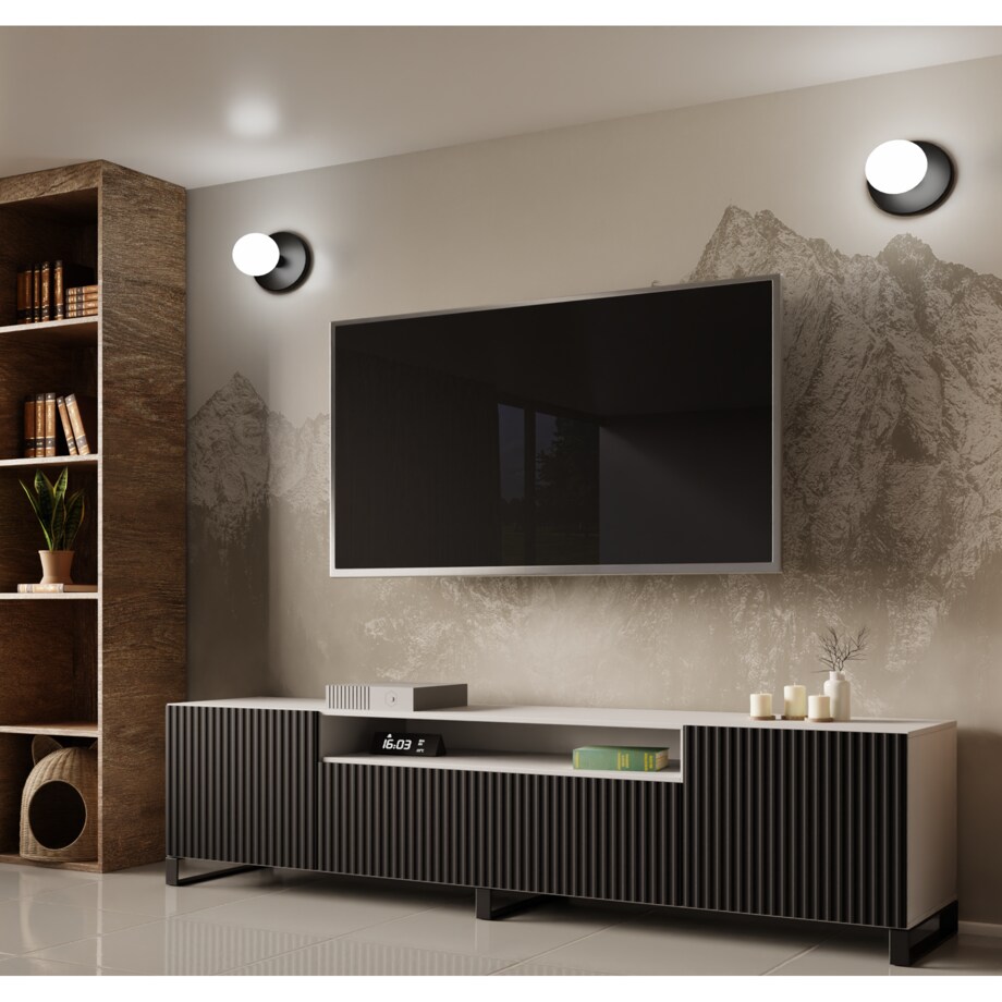 Stojąca szafka RTV NOELI pod telewizor, z ryflowanym frontem - czarna+biały