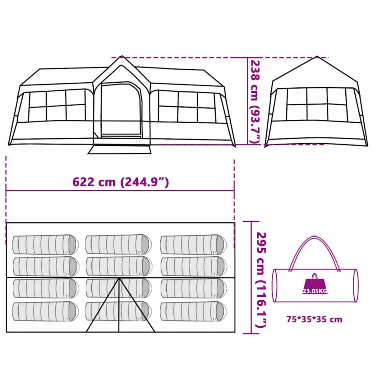 vidaXL Namioty z dachem Zielony 622 x 295 x 238 cm Poliester
