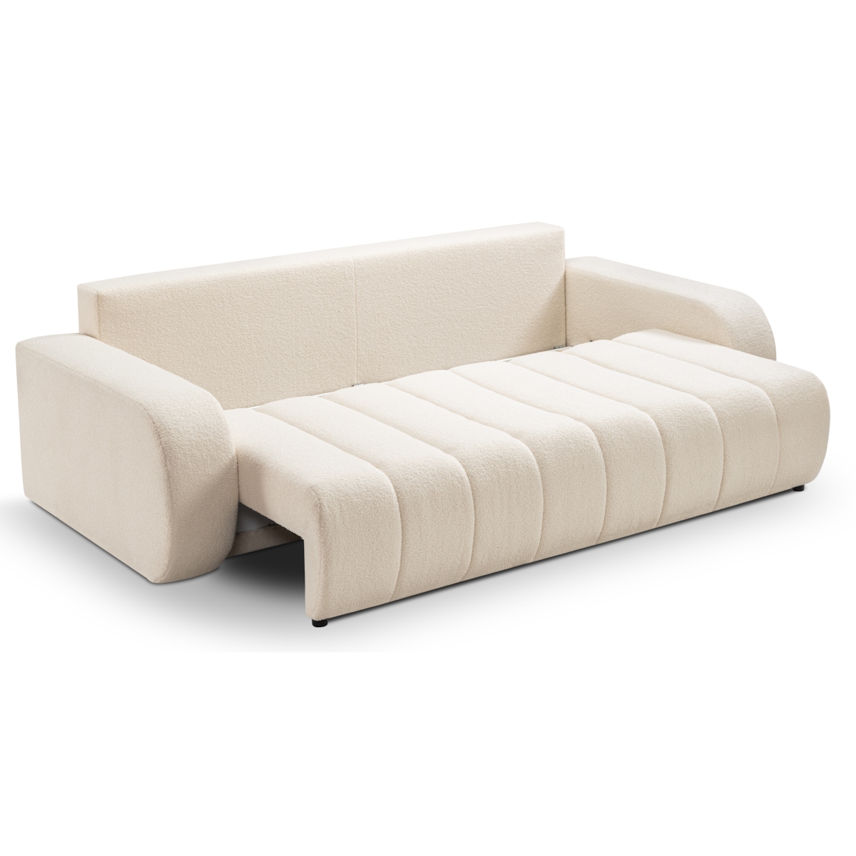Sofa rozkładana ALOO obita tkaniną boucle z ozdobnymi poduszkami kremowa