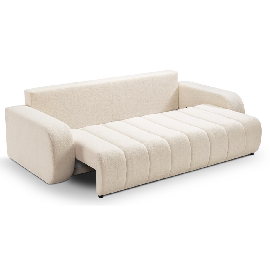 Sofa rozkładana ALOO obita tkaniną boucle z ozdobnymi poduszkami kremowa