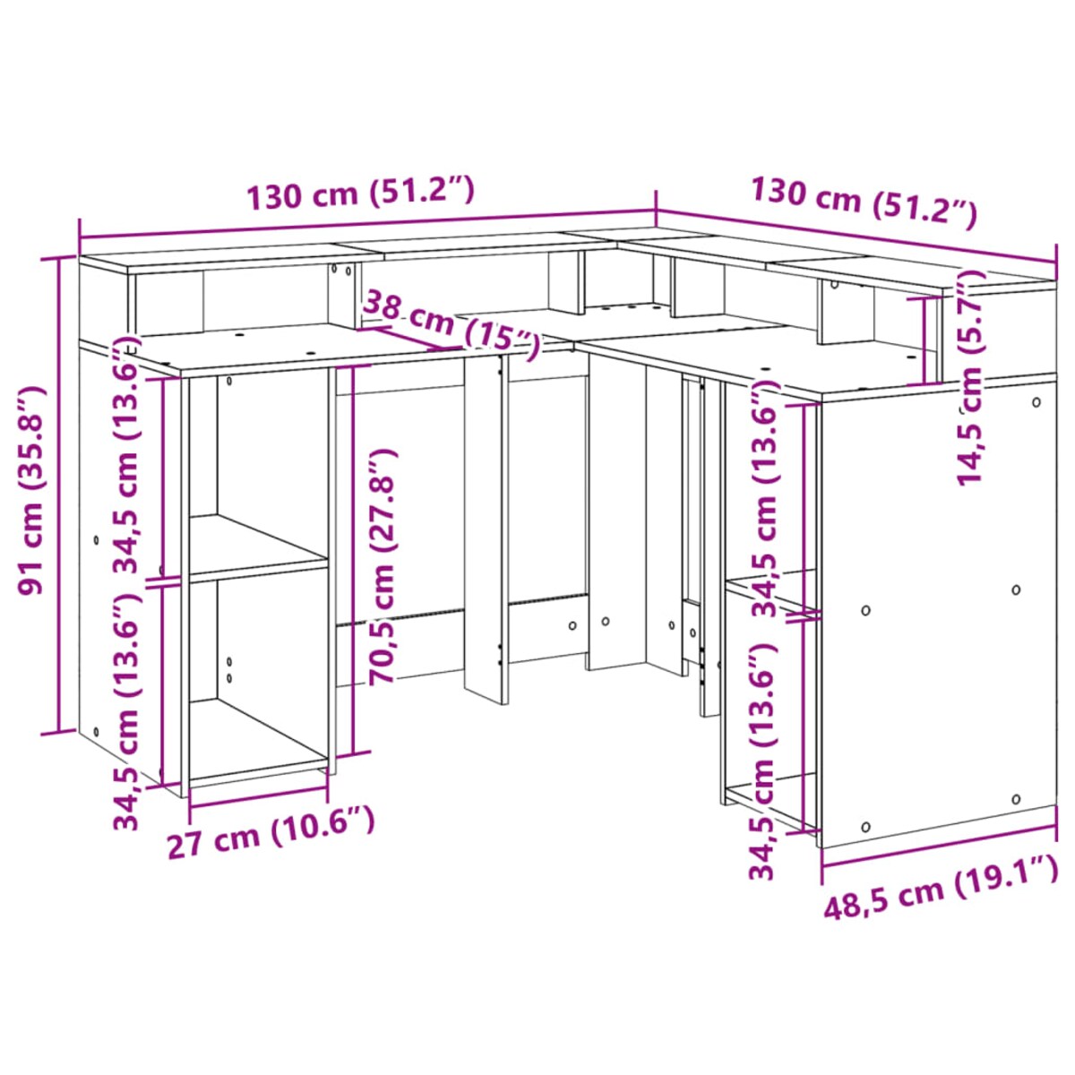 vidaXL Biurko z podświetleniem LED, białe, 130x130x91 cm