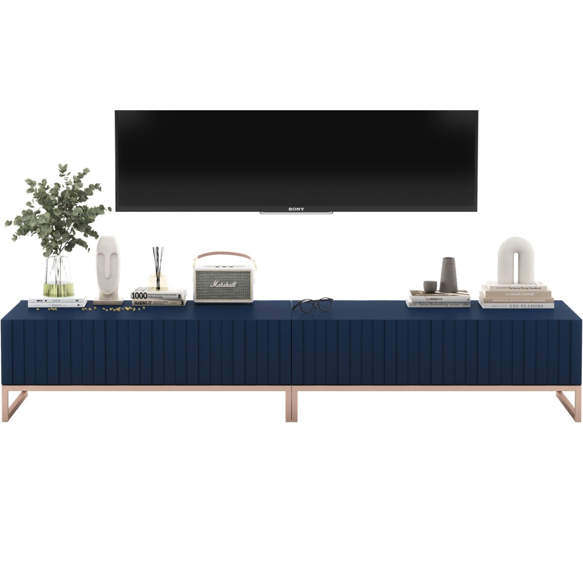 Nowoczesna Szafka RTV Glamour Komoda RTV Ryflowane fronty Granatowy Mat 220 cm