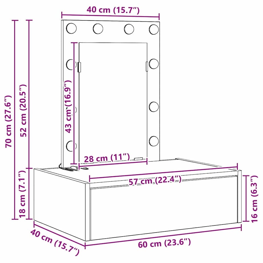 vidaXL Toaletka Czarny 60 x 40 x 70 cm Materiał drewnopochodny