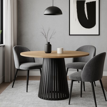 Stół okrągły VIV z lamelami do jadalni , salonu, blat 90 cm-dąb craft złoty