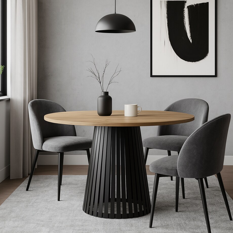 Stół okrągły VIV z lamelami do jadalni , salonu, blat 90 cm-dąb craft złoty