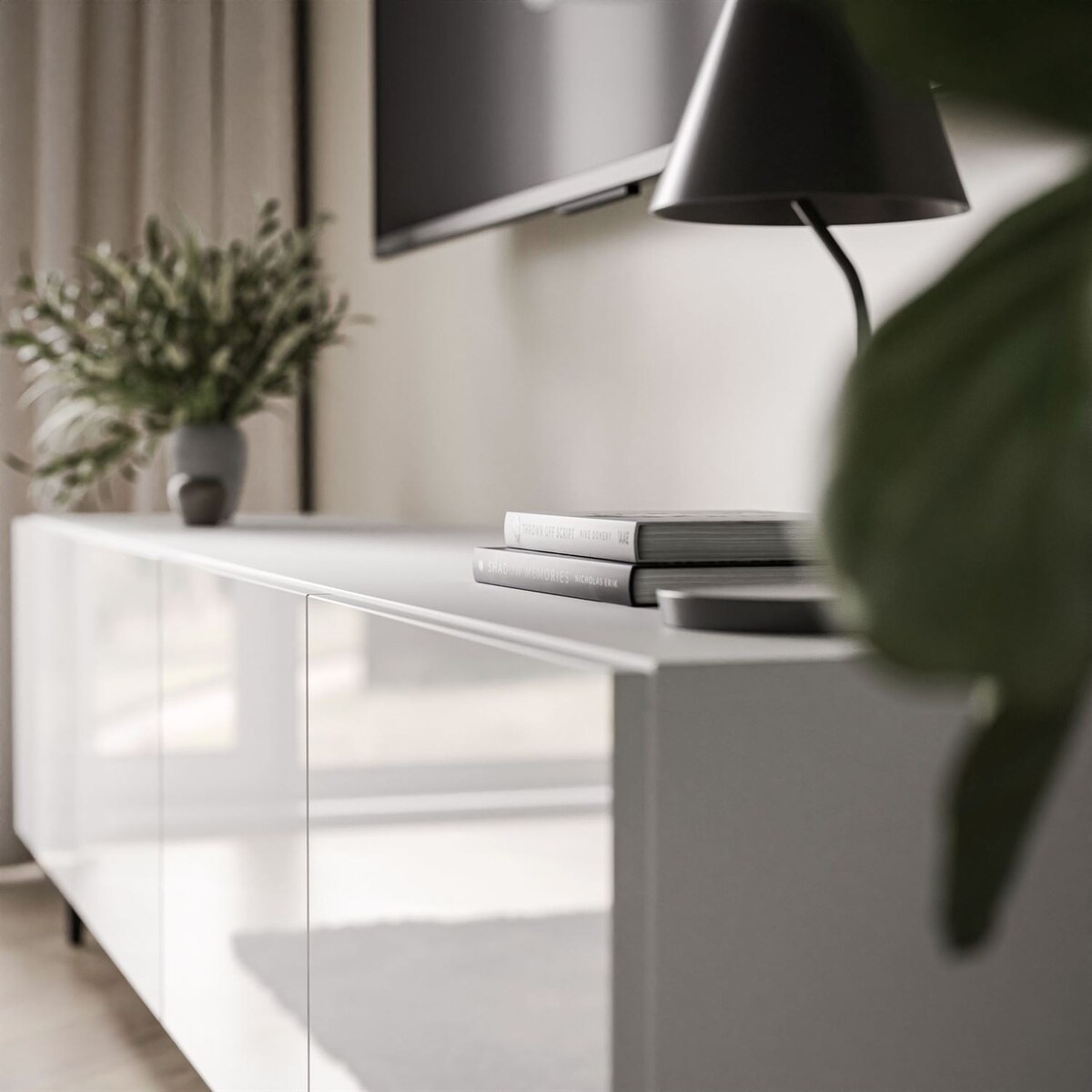 Szafka RTV COLGANTE 200 cm biały połysk nogi złote metalowe