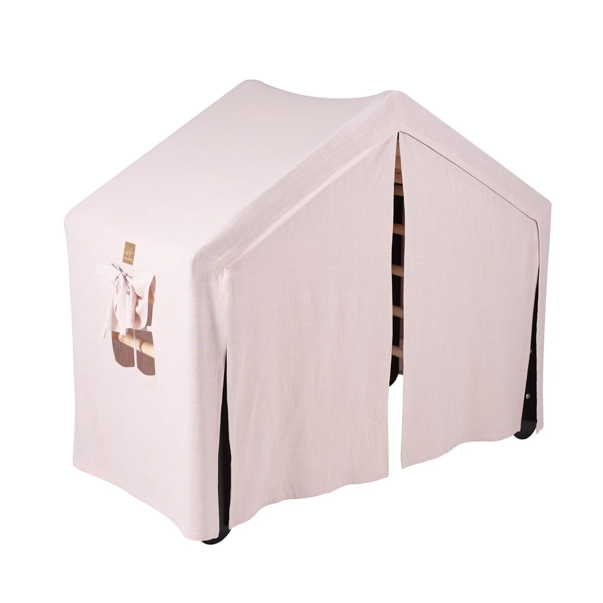 Duży Domek z Drabinką dla Dzieci 112x61x94cm, Drewno, Len, Wiskoza, Różowy Domek, Czarna Drabinka