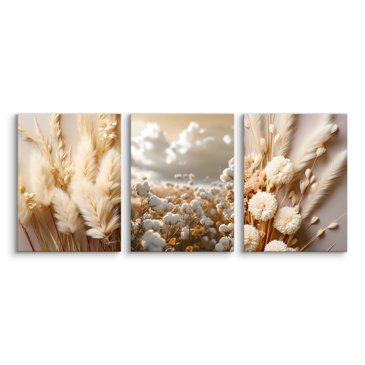 3x Obraz Na Płótnie Set Kwiaty Bawełna Trawy Natura Styl Boho Rośliny 30x40cm