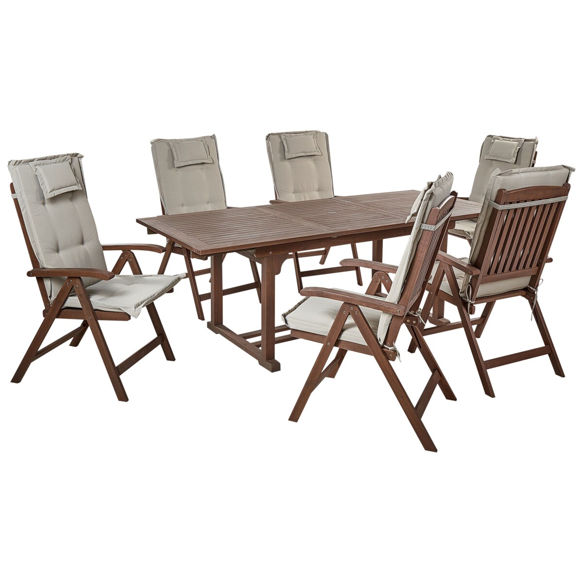 Zestaw ogrodowy drewno akacjowe stół i 6 krzeseł z poduszkami beżowoszarymi AMANTEA