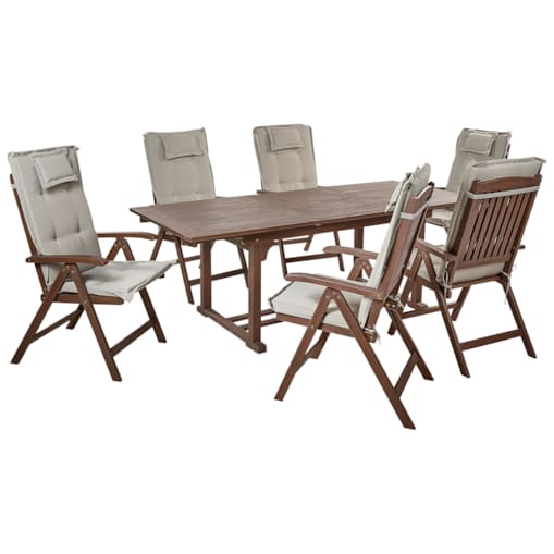 Zestaw ogrodowy drewno akacjowe stół i 6 krzeseł z poduszkami beżowoszarymi AMANTEA