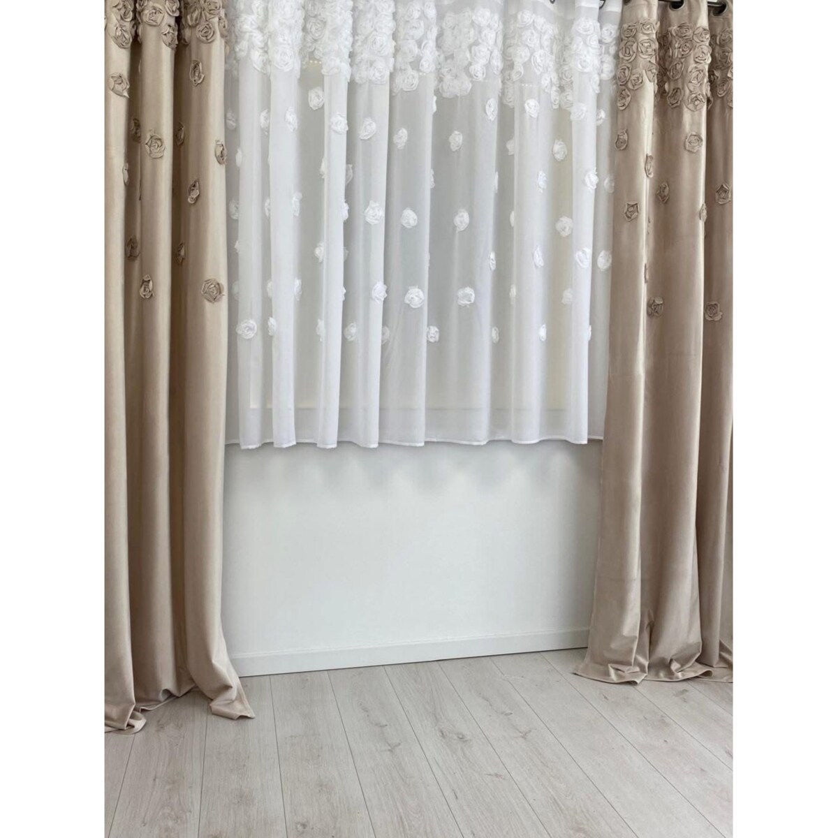 firana "french roses" z aplikacją 3d róże 300x140 taśma | biała