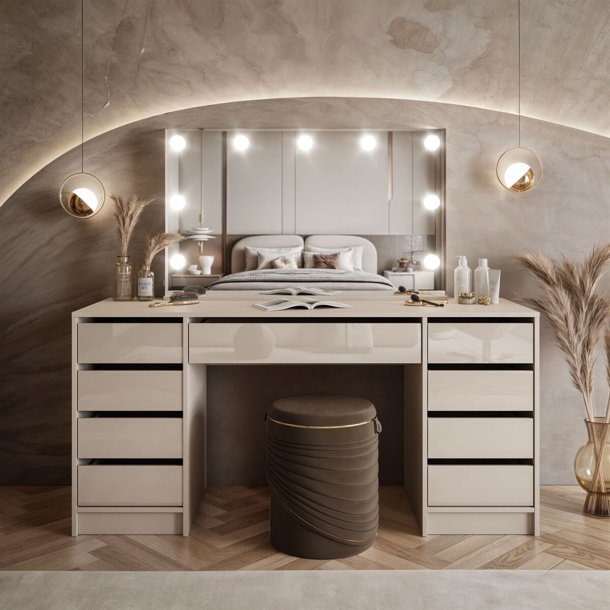 Toaletka MADA ELITE II z lustrem i oświetleniem kaszmir połysk