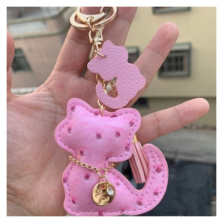 Brelok do kluczy skórzany KOTEK różowy, frędzle BRL358