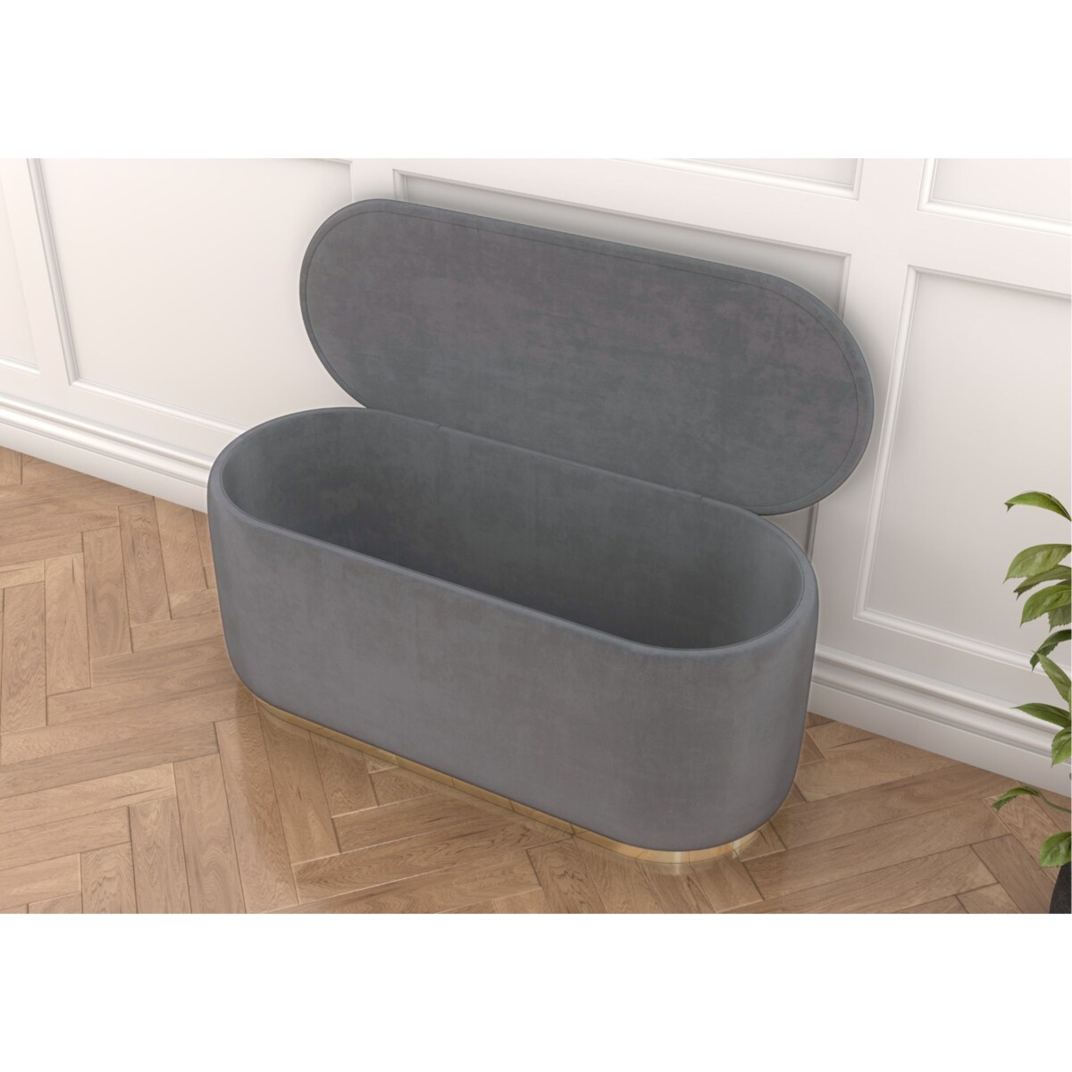 Tapicerowany owalny puf ze schowkiem Dancan SCARLETT na złotej podstawie / szer. 110 cm / jasnoszary