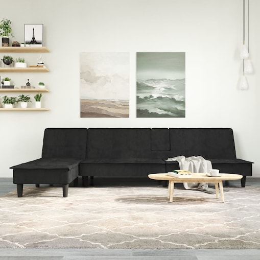 vidaXL Sofa rozkładana L, czarna, 255x140x70 cm, aksamit