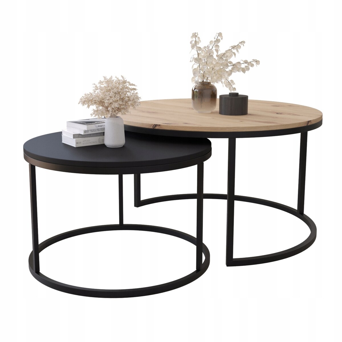 Stolik Kawowy Do Salonu LOFT 2w1 DĄB ARTISAN + CZARNY Okrągły Zestaw