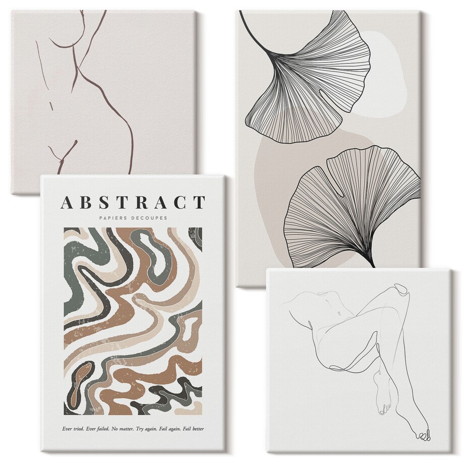 Zestaw 4 obrazów na płótnie - Abstrakcyjny boho kształty liści - beżowy