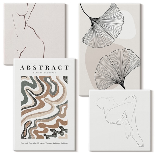 Zestaw 4 obrazów na płótnie - Abstrakcyjny boho kształty liści - beżowy