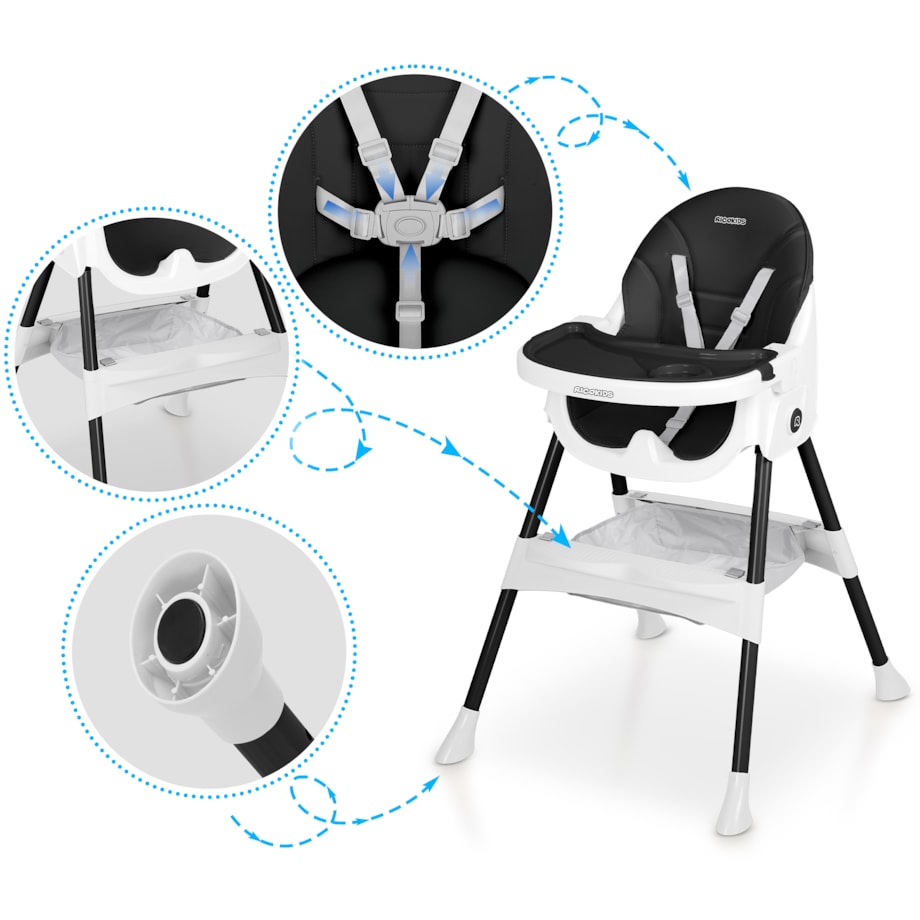 Krzesełko do karmienia dla dzieci Ricokids Mani czarne 3w1 regulowane fotelik tacka