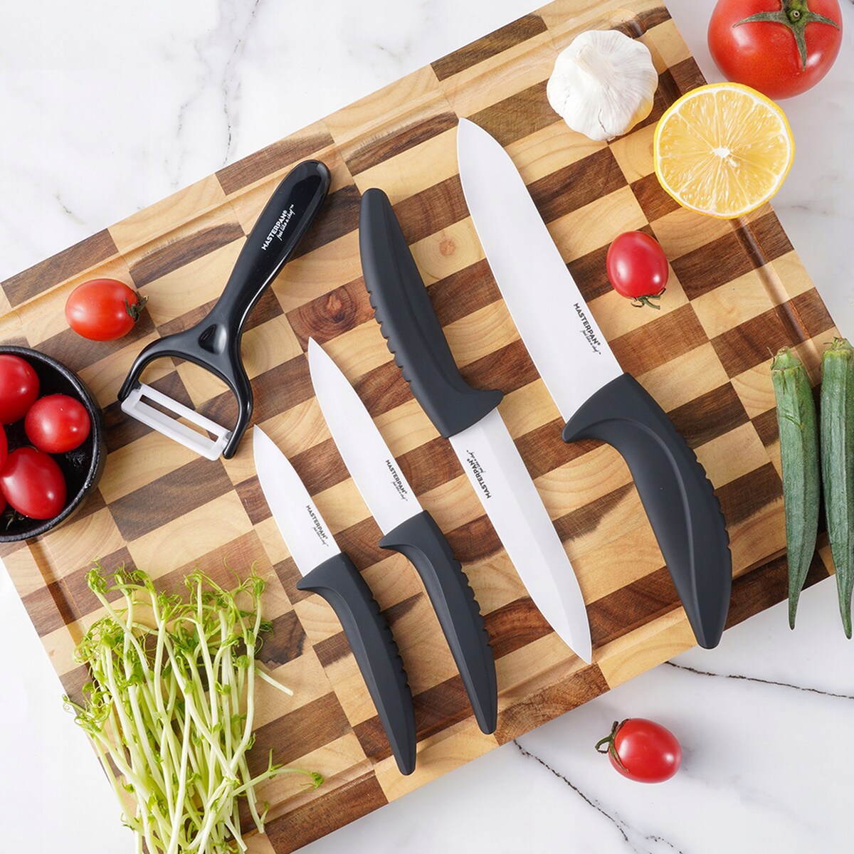 Zestaw Komplet Noży Kuchennych Ceramiczne W Stojaku 5 El. Obieraczka Ostre