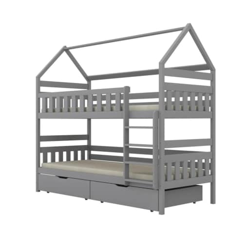 Łóżko piętrowe domek FELIKS 200x80 szare drewniane z szufladami