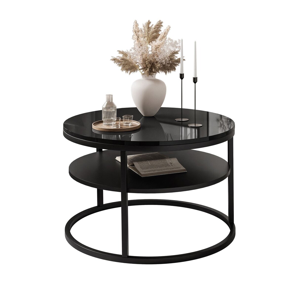 Stolik kawowy CIRI SLIM z półką czarny połysk