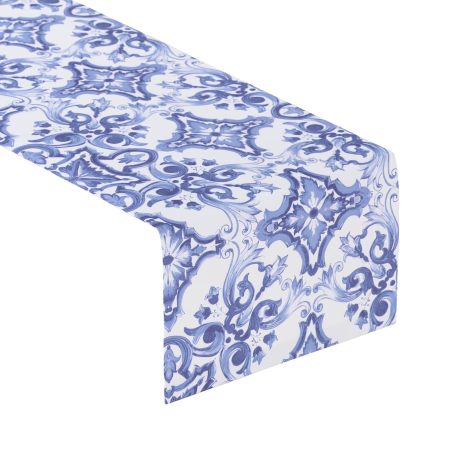 Bieżnik prostokątny 40x130 niebieskie wzory na białym tle