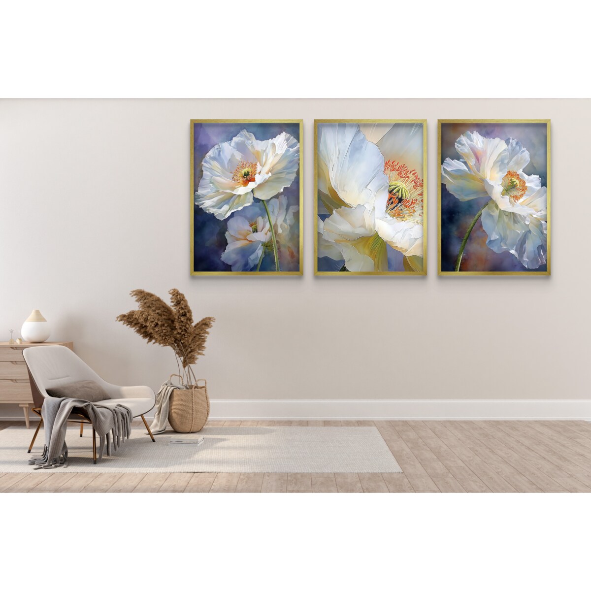 Plakaty Białe Kwiaty Eleganckie Obrazy do salonu sypialni Tryptyk Glamour