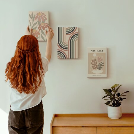 Zestaw 3 małych obrazów na płótnie - Abstrakcyjne rośliny w pastelach - pomarańczowy