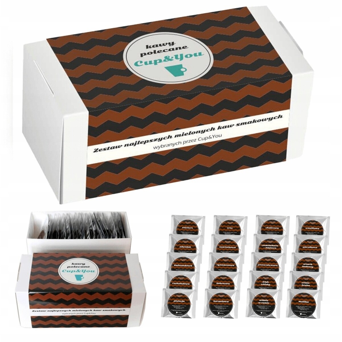 ZESTAW PREZENTOWY "KAWY POLECANE CUP&YOU" 20 RÓŻNYCH SMAKÓW KAW DESEROWYCH W SASZETKACH PO 10G NA 20 30 40 50 60 URODZINY IMIENINY DLA KOBIETY FACETA