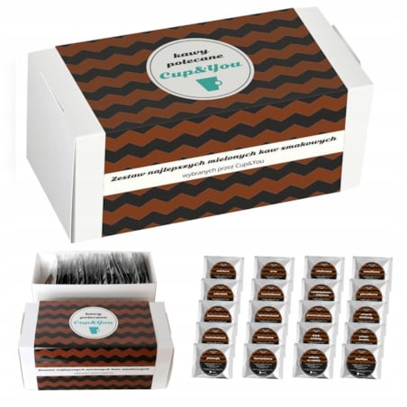 ZESTAW PREZENTOWY "KAWY POLECANE CUP&YOU" 20 RÓŻNYCH SMAKÓW KAW DESEROWYCH W SASZETKACH PO 10G NA 20 30 40 50 60 URODZINY IMIENINY DLA KOBIETY FACETA