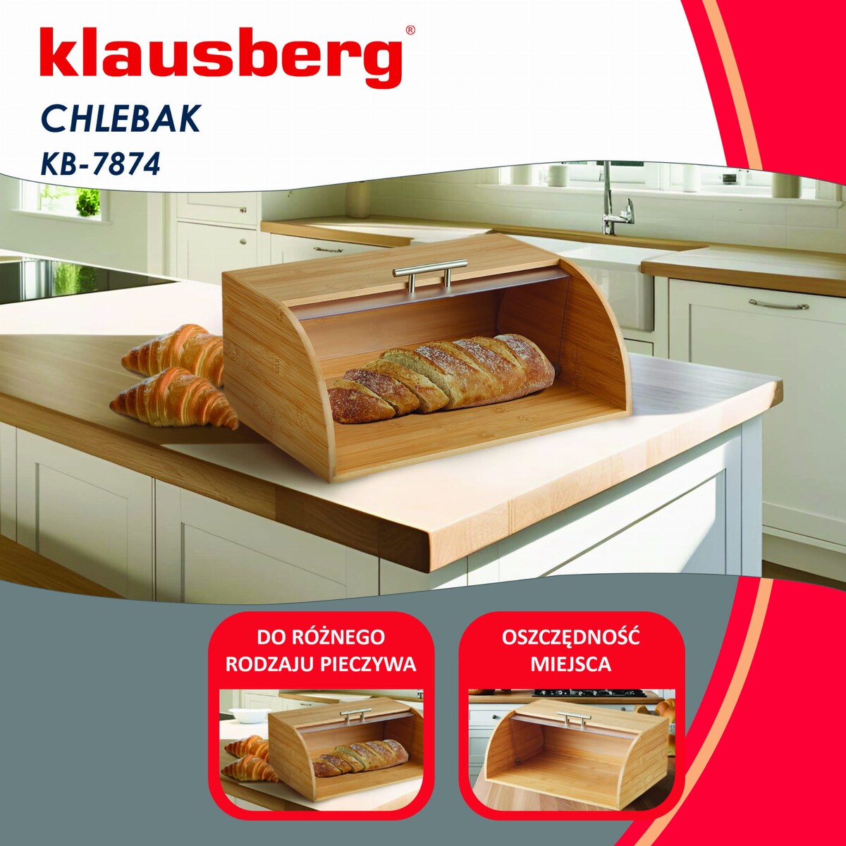 Chlebak bambusowy drewniany 41cm pojemnik na pieczywo chleb bułki KLAUSBERG