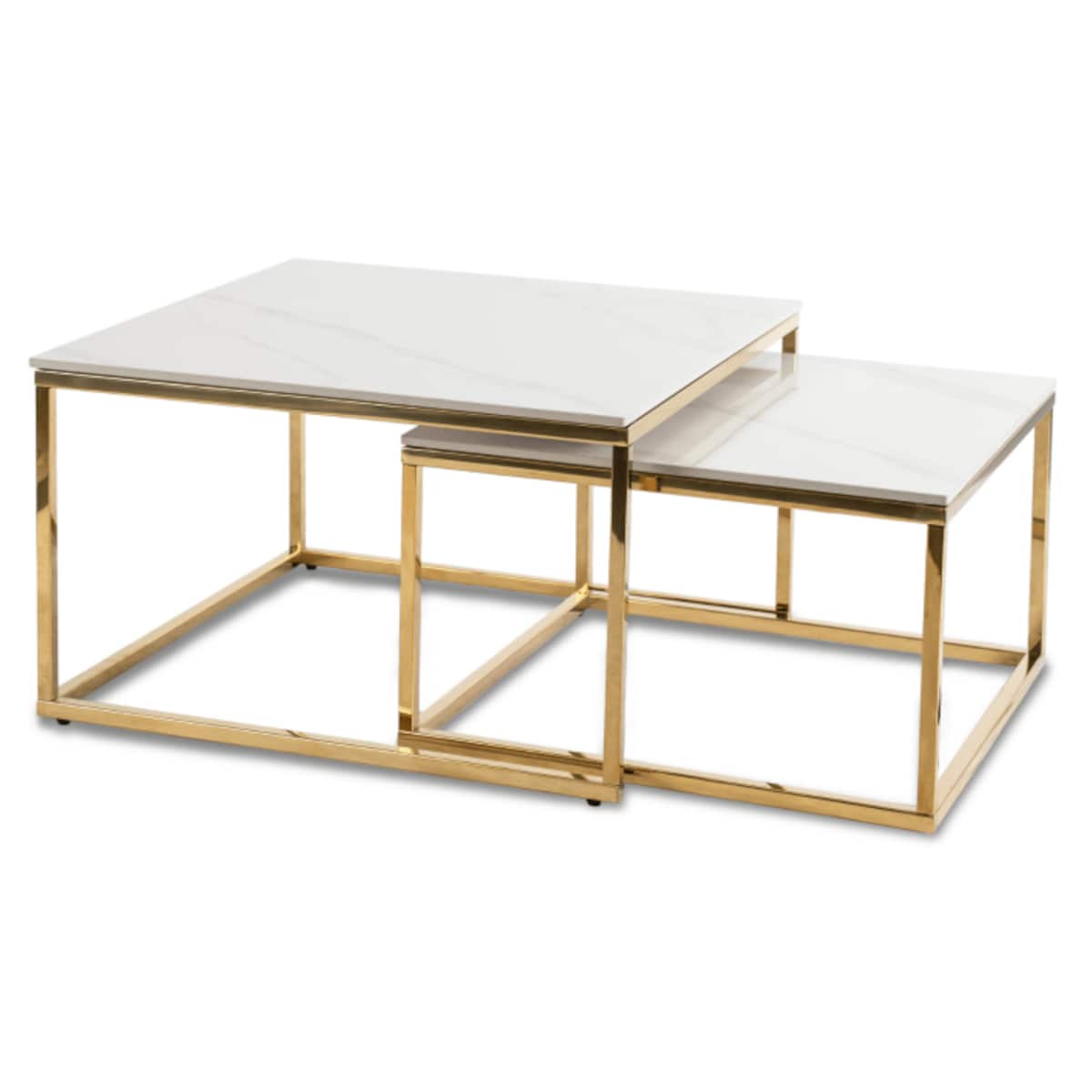 Stolik Kawowy Kwadratowy Zestaw 2w1 Ława Glamour Biały Marmur Złoty TENOR