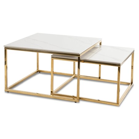 Stolik Kawowy Kwadratowy Zestaw 2w1 Ława Glamour Biały Marmur Złoty TENOR