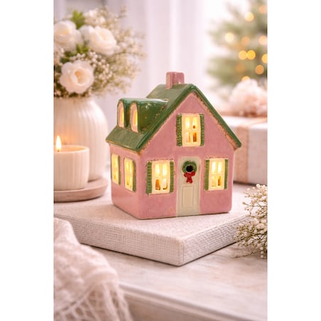 Ceramiczny domek na tea-lighty 18x13,5x10,5 cm KOLOMAN różowy