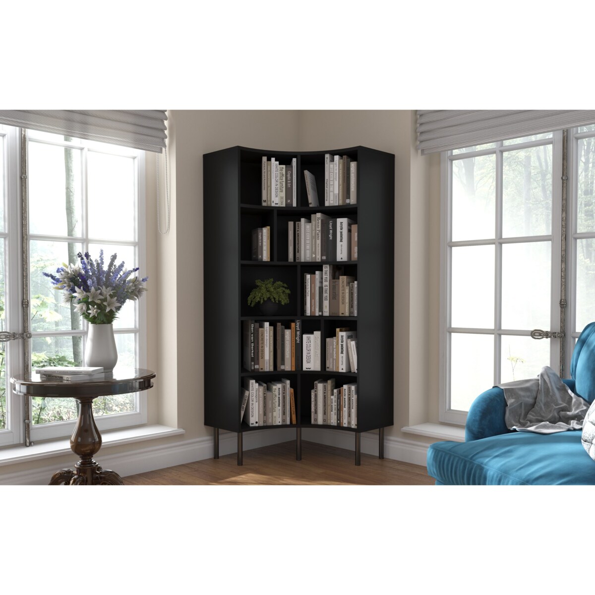 Nowoczesny narożny regał na książki Skandica HORN z czarnymi nogami / czarny / szer. 80 cm