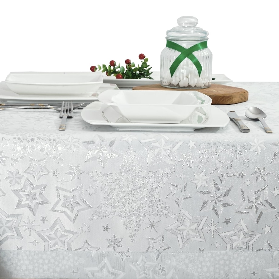 Obrus biało srebrny Gwiazdki - 130x200 cm - srebrny
