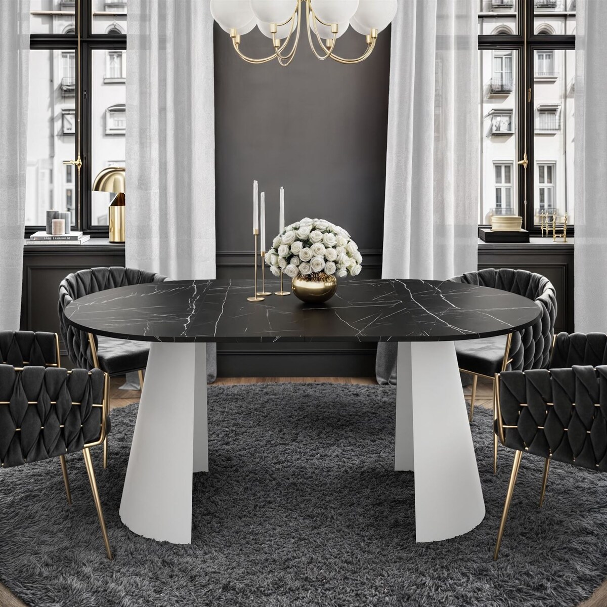 Okrągły stół rozkładany LAVA, średnica 120cm, biały / Black Pietra Grigia